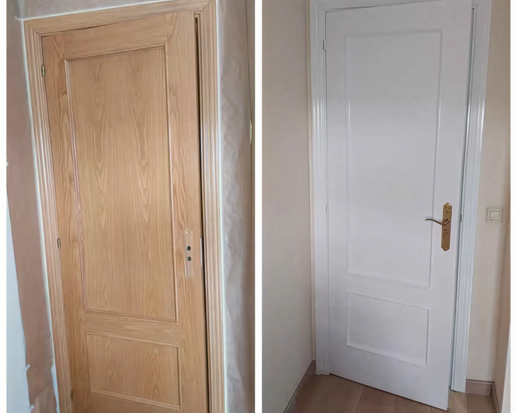 Antes y después de lacar puerta de madera en blanco por Los Pintores Móstoles
