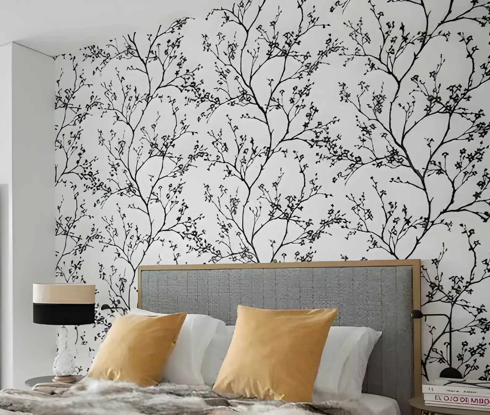 Los Pintores Móstoles instalando papel pintado de ramas en cabecero de dormitorio moderno