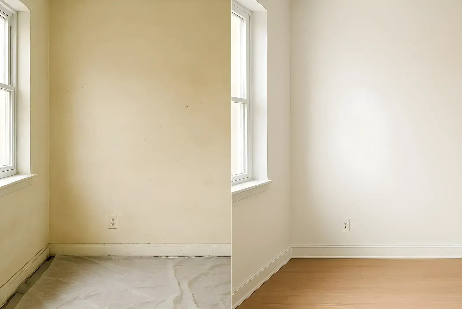 Antes y después de pintura interior en salón, trabajo de Los Pintores Móstoles con paredes renovadas